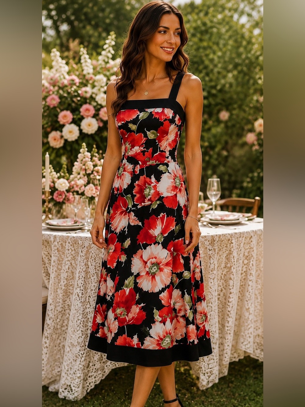 R&K Originals Floral Midi Dress 10 L Black Red Garden Party Cotton Smocked Boho